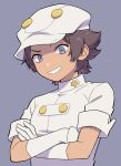  1boy aether_foundation_employee aether_foundation_uniform brown_hair buttons commentary_request crossed_arms gloves grey_background grey_eyes grin hat highres jumpsuit logo looking_down male_focus numae_kaeru pokemon pokemon_(game) pokemon_sm short_hair short_sleeves smile solo teeth upper_body white_gloves white_headwear white_jumpsuit 