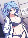  1girl 547th_sy black_bra black_panties blue_eyes blue_hair bra commentary_request cowboy_shot drawstring frilled_bra frilled_panties frills hands_on_own_hips highres jacket kantai_collection looking_at_viewer medium_hair panties sign solo underwear urakaze_(kancolle) white_jacket 