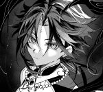  1boy bead_necklace beads closed_mouth facial_mark forehead_mark gem genshin_impact greyscale hair_between_eyes highres jewelry looking_at_viewer male_focus monochrome multicolored_hair necklace portrait screentones simple_background solo xiao_(genshin_impact) zaso 