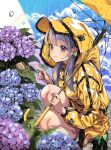  1girl bare_legs blue_sky blush boots cloud earrings flower green_nails grey_hair holding holding_umbrella hydrangea jewelry kink_(tortoiseshell) leaf long_hair original purple_eyes rain rainbow raincoat sky smile snail solo squatting twintails umbrella water_drop 