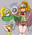  1girl absurdres ascot awesomeerix backpack bag bare_shoulders blonde_hair blush blush_stickers book breasts brown_shorts crosshair fang gloves goombella hard_hat helmet highres humanization index_finger_raised long_hair looking_at_viewer looking_to_the_side mario_(series) multiple_views one_eye_closed open_book open_mouth paper_mario paper_mario:_the_thousand_year_door paragoomba ponytail shirt short_shorts shorts sidelocks sketch sleeveless sleeveless_shirt small_breasts smile thick_eyebrows thighs v white_gloves 