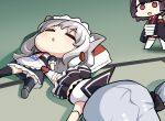  3girls animal_ear_fluff animal_ears azur_lane black_hair blunt_bangs cat_ears cat_girl chibi commentary_request detached_sleeves falling grey_hair hair_between_eyes hammann_(azur_lane) hm_(hmongt) japanese_clothes long_hair long_sleeves looking_at_another lying multiple_girls on_back parted_bangs pillow red_eyes short_hair short_sleeves sidelocks sleeping tatami thighhighs tripping white_thighhighs wide_sleeves yamashiro_(azur_lane) yukikaze_(azur_lane) zettai_ryouiki 