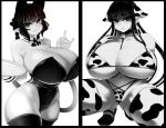  2girls animal_ears animal_print bell bikini blunt_bangs breasts cat_ears cat_girl cat_tail cleavage closed_mouth commentary_request covered_navel cow_ears cow_print cowboy_shot detached_collar elbow_gloves extra_ears gloves greyscale haseru_(ginku_mh) heart heart-shaped_pupils huge_breasts kaenbyou_rin long_hair looking_at_viewer mole mole_on_breast mole_on_thigh mole_under_mouth monochrome multiple_girls neck_bell nekomata original simple_background smile squatting swimsuit symbol-shaped_pupils tail thighhighs touhou 