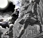  2girls chainsaw cloud cloudy_sky commentary_request drawstring faceless faceless_female full_moon greyscale hair_over_one_eye hood hood_down hoodie idolmaster idolmaster_cinderella_girls koshimizu_sachiko monochrome moon multiple_girls night night_sky outdoors pleated_skirt shirasaka_koume shirt skirt sky sleeves_past_fingers sleeves_past_wrists socks standing suspender_skirt suspenders yukie_(kusaka_shi) 