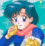  1girl bishoujo_senshi_sailor_moon blue_hair blush commentary_request earrings eating jewelry lowres mizuno_ami pc-98_(style) pink_scarf pixel_art retro_artstyle sailor_mercury scarf short_hair solo vogue 