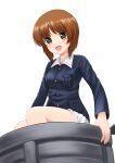  1girl absurdres blue_jacket brown_eyes brown_hair commentary girls_und_panzer highres jacket long_sleeves looking_at_viewer military_uniform miniskirt nao_suke nishizumi_miho ooarai_military_uniform open_mouth pleated_skirt short_hair simple_background sitting skirt smile solo tank_cupola uniform white_background white_skirt 