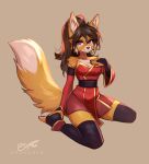  anthro black_nose brown_hair canid canine clothing dragonfu female fluffy fluffy_tail fox hair hi_res kumiho_(purplelemons) legwear looking_at_viewer mammal ponytail_(hair) purple_eyes sitting solo tail thigh_highs 