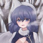  1girl breath commentary highres lapel_pin letterboxed letty_whiterock looking_at_viewer open_mouth pipita purple_eyes purple_hair snow snowing solo touhou upper_body white_headwear 