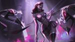  1girl absurdres alternate_costume artist_name breasts claw_(weapon) cleavage earrings emriikun evelynn_(league_of_legends) highres indoors jewelry league_of_legends light light_particles lipstick looking_at_viewer makeup medium_hair mole mole_under_eye navel parted_lips pink_hair pink_skirt skirt smile solo stairs standing thigh_strap thighhighs weapon yellow_eyes 