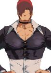  1boy bara beniazumaru black_choker choker closed_mouth collared_shirt cropped_shirt hair_over_one_eye hands_on_own_hips highres large_pectorals looking_at_viewer male_focus muscular muscular_male pectorals red_hair shirt short_hair simple_background solo the_king_of_fighters the_king_of_fighters_&#039;95 upper_body white_background white_shirt yagami_iori 