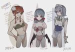  3girls adapted_costume blue_hair blue_one-piece_swimsuit bra breasts green_bra grey_hair hands_on_own_hips highres hong_meiling izayoi_sakuya looking_at_viewer multiple_girls one-piece_swimsuit panties pink_bra pink_panties red_eyes red_hair remilia_scarlet short_hair sokura_(mochichitose) swimsuit touhou translation_request underwear white_background white_bra white_headwear white_panties 