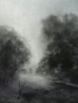  bare_tree dark fog mitzoka2001 no_humans original painting_(medium) pond sapling sky traditional_media tree tree_shade water waterfall white_sky 