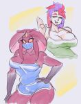  3_eyes absurd_res alien alien_humanoid anthro big_breasts breasts duo exercise_clothing female hair hi_res human humanoid mammal multi_eye muscular muscular_female muscular_humanoid purple_hair red_hair strong_female tidywire 