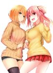  2girls :d black_shorts black_thighhighs blue_eyes breasts brown_sweater cardigan closed_mouth commentary_request hair_between_eyes hand_up highres large_breasts long_hair long_sleeves multiple_girls orange_hair original pink_hair plaid plaid_skirt pleated_skirt puffy_long_sleeves puffy_sleeves red_eyes red_skirt ribbed_sweater short_shorts shorts simple_background skirt sleeves_past_wrists smile sweater thighhighs turtleneck turtleneck_sweater two_side_up watarui white_background yellow_cardigan 