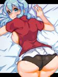  1girl ass ass_focus bed_sheet black_panties blue_eyes blue_hair blush breasts breasts_out eirika_(fire_emblem) fire_emblem fire_emblem:_the_sacred_stones long_hair looking_at_viewer looking_back lying medium_breasts mimizunooka miniskirt on_bed on_stomach panties red_shirt shirt short_sleeves sideboob skirt solo sweat underwear white_skirt 