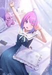  1girl ahoge alarm_clock arm_up blue_dress blue_hair blue_nails blush candy_hair_ornament cellphone clock crescent_necklace desk desk_lamp dress food-themed_hair_ornament hair_ornament highres himemori_luna himemori_luna_(3rd_costume) hololive jewelry kenko_(a143016) lamp looking_at_viewer luknight_(himemori_luna) medium_hair multicolored_hair nail_polish necklace official_alternate_costume one_eye_closed open_mouth phone pillow pink_hair purple_eyes short_dress sleeveless sleeveless_dress smartphone starry_sky_print streaked_hair stretching virtual_youtuber waking_up 