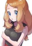  1girl :o arm_under_breasts blue_eyes blush breasts collarbone highres light_brown_hair looking_at_viewer pitorigoto pokemon pokemon_(game) pokemon_xy serena_(pokemon) shirt sleeveless sleeveless_shirt solo twitter_username upper_body 