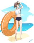  1girl arm_up beach brown_hair cloud cloudy_sky collarbone day eyewear_on_head full_body high_ponytail highres holding holding_innertube innertube marine_day navel orange_innertube original parted_lips shirt sidelocks signature sky smile so_sorashima solo standing sunglasses swimsuit swimsuit_under_clothes water white_shirt 