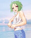  1girl :d ahoge alternate_costume beach denim denim_shorts drying drying_clothes elf green_hair looking_at_viewer mizumori_keiichi mushoku_tensei ocean open_mouth outdoors pointy_ears red_eyes shirt short_hair shorts smile solo sylphiette_(mushoku_tensei) water wet white_shirt 