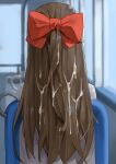  1girl amog blurry blurry_background bow brown_hair bus_interior commentary_request commission cum cum_on_hair depth_of_field from_behind hair_bow highres long_hair love_live! love_live!_nijigasaki_high_school_idol_club ousaka_shizuku red_bow shirt sitting skeb_commission solo white_shirt 