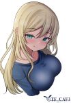  1girl alternate_costume atago_(kancolle) blonde_hair blue_shirt blush breasts collarbone green_eyes highres kantai_collection large_breasts long_hair looking_at_viewer one-hour_drawing_challenge shirt solo tf_cafe twitter_username upper_body white_background 