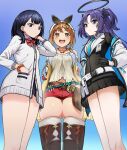 3girls atelier_(series) atelier_ryza bare_legs belt black_hair black_skirt blue_archive blue_background blue_eyes blue_necktie boots bow bowtie breasts brown_footwear brown_hair cardigan collared_shirt crossover from_below gloves gradient_background gridman_universe half_gloves halo hand_in_pocket hat hat_bow highres jacket jewelry landl large_breasts long_hair long_sleeves looking_at_viewer miniskirt multicolored_clothes multicolored_jacket multiple_girls navel necklace necktie open_clothes open_jacket open_mouth orange_scrunchie pleated_skirt purple_eyes purple_hair red_bow red_bowtie red_shorts reisalin_stout school_uniform scrunchie shirt short_hair shorts skirt sleeveless sleeveless_jacket smile ssss.gridman star_(symbol) star_necklace straight_hair takarada_rikka thick_thighs thigh_boots thighhighs thighs trait_connection two-sided_fabric two-sided_jacket two-tone_jacket two_side_up white_belt white_cardigan white_jacket white_shirt white_thighhighs wrist_scrunchie yellow_jacket yuuka_(blue_archive) 