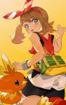  1girl bare_shoulders black_shorts blue_eyes blush bow bracelet brown_hair eyelashes fanny_pack from_behind gbbgb321 hair_bow highres jewelry looking_at_viewer looking_back may_(pokemon) open_mouth pokemon pokemon_(creature) pokemon_oras red_bow red_shirt shirt shorts sleeveless sleeveless_shirt torchic yellow_background 