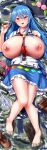  1girl absurdres barefoot blue_hair blue_skirt blush breasts commentary_request condom condom_wrapper feet frilled_skirt frills full_body giant giantess highres hinanawi_tenshi huge_breasts karate8284 knees_together_feet_apart lactation lake legs looking_at_viewer nipples open_mouth outdoors red_eyes shoes shoes_removed skirt solo toenails toes touhou 