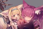  2girls :d animal_ear_fluff animal_ears apple arknights blonde_hair blue_hairband blush braid braided_hair_rings closed_mouth commentary_request food fox_ears fox_girl fox_tail fruit green_eyes grey_background hair_ornament hair_rings hairband highres holding holding_food holding_fruit holding_staff infection_monitor_(arknights) lolitamomoya morte_(arknights) multiple_girls multiple_tails open_mouth pout purple_eyes purple_hair shamare_(arknights) short_hair simple_background smile staff stuffed_wolf suzuran_(arknights) tail twintails upper_body 