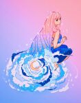  1girl absurdres bare_legs barefoot black_eyes blue_background blue_dress blue_hair blue_theme cloud commentary crescent_moon dress english_commentary expressionless gradient_background gradient_hair gradient_theme highres long_hair meyoco moon multicolored_hair no_nose original pink_background pink_hair pink_theme purple_hair sleeveless sleeveless_dress solo very_long_hair 
