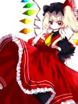  alternate_headwear black_headwear black_pantyhose black_shirt blonde_hair breasts closed_mouth feet_out_of_frame flandre_scarlet frilled_skirt frilled_sleeves frills highres light_smile long_hair long_skirt looking_at_viewer medium_breasts multicolored_wings necktie one_side_up pantyhose puffy_short_sleeves puffy_sleeves rainbow_order red_eyes red_skirt red_vest shirt short_sleeves skirt touhou user_jwtz7387 vest white_background wings yellow_necktie 