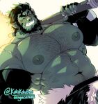  1boy abs bara beard belly blush colored_skin dutch_angle earrings facial_hair garza_(kokukokuboo) glowing glowing_weapon green_skin highres huge_pectorals jewelry kokukokuboo large_areolae male_focus mature_male monster_boy muscular muscular_male navel navel_hair nipples orc original over_shoulder plump pointy_ears scar short_hair solo stomach strongman_waist sweat thick_eyebrows topless_male tusks weapon weapon_over_shoulder 