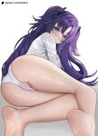  1girl absurdres ass bare_legs barefoot blue_archive blush cameltoe highres long_hair looking_at_viewer no_halo patreon_username purple_eyes purple_hair shirt simple_background soles solo two_side_up very_long_hair white_shirt yami_(rear4742) yuuka_(blue_archive) 