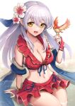  1girl absurdres bikini bird bird_on_hand blue_ribbon breasts bridal_gauntlets cleavage fire_emblem fire_emblem:_radiant_dawn fire_emblem_heroes flower frilled_bikini frills gloves gonzarez hair_flower hair_ornament hair_ribbon highres large_breasts long_hair looking_at_viewer medium_breasts micaiah_(fire_emblem) micaiah_(summer)_(fire_emblem) navel official_alternate_costume partially_submerged red_bikini red_gloves ribbon sitting smile solo swimsuit thighs white_background yellow_eyes yune_(fire_emblem) 