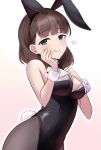  1girl animal_ears black_leotard black_thighhighs blue_eyes blush breasts brown_hair closed_mouth dot_nose fake_animal_ears fake_tail gradient_background hairband hand_on_own_chest hand_on_own_face heart highres idolmaster idolmaster_cinderella_girls idolmaster_cinderella_girls_starlight_stage leotard looking_at_viewer medium_breasts pink_background playboy_bunny rabbit_ears rabbit_tail sakuma_mayu sakura_ran short_hair smile solo standing tail thighhighs wrist_cuffs 