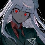  1girl black_background black_jacket black_necktie blood_vessels blunt_bangs breasts buttons commentary demon_girl demon_horns glowing glowing_eyes helltaker horns jacket large_breasts long_hair looking_at_viewer lucifer_(helltaker) mole mole_under_eye necktie red_eyes red_shirt shading_eyes shirt sigil solo white_hair white_horns zeon_(zzeeonn) 