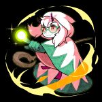  1boy black_background cosplay deltarune discommunicator final_fantasy glasses gloves goat_boy green-framed_eyewear green_gloves holding holding_staff hooded_robe horns magic pointing purple_horns ralsei robe smile solo staff white_mage white_mage_(cosplay) white_robe wide_sleeves 