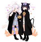  2girls ahoge animal_ears black_cape black_footwear black_hair black_neckerchief blue_archive boots candy cape cat_ears cat_tail colored_inner_hair fang food gloves grey_serafuku grey_skirt hair_ornament halloween halloween_costume halo highres holding holding_candy holding_food kazusa_(blue_archive) long_hair looking_at_viewer maikuro motion_lines multicolored_hair multiple_girls neckerchief one_eye_closed open_mouth pink_hair pink_halo purple_eyes purple_hair purple_thighhighs red_eyes reisa_(blue_archive) sailor_collar school_uniform serafuku short_hair skin_fang skirt smile star_(symbol) star_hair_ornament star_print tail thighhighs trick_or_treat twintails white_background white_gloves white_sailor_collar 