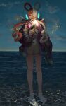  1girl absurdres arm_up bare_legs barefoot cloud cloudy_sky dress fireworks full_body giving hair_over_one_eye headgear highres holding jacket long_hair long_sleeves looking_at_viewer low_twintails multicolored_clothes multicolored_hair multicolored_jacket night ocean one_piece one_piece_film:_red open_mouth puffy_sleeves purple_eyes qrioic74 red_hair short_dress sky smile sparkler standing twintails two-tone_hair uta_(one_piece) wading white_dress white_hair 