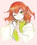 1girl ;) bocchi_the_rock! closed_mouth doraeshi finger_to_mouth green_eyes green_sweater hand_up highres kita_ikuyo one_eye_closed orange_hair pink_background ribbed_sweater short_hair simple_background smile solo sweater turtleneck turtleneck_sweater upper_body 