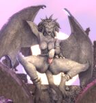  3d_(artwork) anus big_breasts big_wings breasts butt_from_the_front crisisbeat demona_(gargoyles) digital_media_(artwork) disney female front_view gargoyle gargoyles genitals hand_behind_head hi_res humanoid humanoid_pointy_ears membrane_(anatomy) membranous_wings nude open_mouth penetration petrification pussy sex_toy sex_toy_in_pussy sex_toy_insertion solo spread_legs spreading tail tailed_humanoid thick_thighs vaginal vaginal_penetration wide_hips winged_humanoid wings 