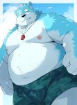  2023 absurd_res anthro belly big_belly black_nose blue_body bottomwear canid canine canis clothing domestic_dog hi_res kemono male mammal moobs nipples noctnoc overweight overweight_male shorts solo white_body 