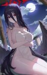  1girl arms_under_breasts black_hair black_wings blue_archive blush breasts cleavage cloud collarbone covering_privates crossed_arms feathered_wings full_moon hair_between_eyes halo hasumi_(blue_archive) highres large_breasts long_bangs long_hair looking_at_viewer maanu moon night night_sky nude_cover red_eyes red_halo signature sitting sky solo straight_hair very_long_hair wings 