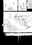  action_pose anthro black_sclera claws comic dialogue eevee falling feral fight generation_1_pokemon generation_3_pokemon greyscale group hi_res imminent_death japanese_text looking_at_another monochrome motion_lines nintendo pokemon pokemon_(species) pokemon_mystery_dungeon pose running simple_background squirtle text translated trio yamatokuroko965 zangoose 