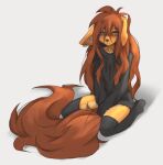  absurd_res anthro apogee_(tinygaypirate) brown_eyes brown_hair canid canine canis clothed clothing domestic_dog ears_down female fur hair hands_between_legs hi_res hoodie inner_ear_fluff kneeling legwear long_hair long_tail looking_down mammal pivoted_ears shirt simple_background solo tail tan_body tan_fur thigh_highs tinygaypirate topwear tuft white_background 