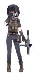  1girl black_gloves black_pants black_shirt brown_footwear bulletproof_vest elbow_gloves fingerless_gloves freckles full_body gloves grey_hair gun helmet highres holding holding_gun holding_phone holding_weapon karepack original pants phone red_eyes selfie shirt short_hair solo standing sticker thigh_strap weapon yoga_pants 