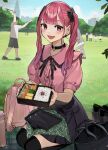  1boy 4girls :d absurdres backpack backpack_removed badminton bag bento black_thighhighs choker day earrings fang food heart heart_choker highres hinamizawa_hinami holding holding_food jewelry jirai_kei karakusa_(pattern) looking_at_viewer multiple_girls original outdoors park picnic pink_eyes pink_hair pov puffy_short_sleeves puffy_sleeves seiza shoes shoes_removed short_sleeves sitting smile solo_focus tetto_(onnoveltet) thermos thighhighs twintails 