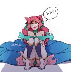  1girl ? ?? ahri_(league_of_legends) andy_(andi_vv) animal_ears artist_name ass bare_shoulders bow breasts cleavage closed_mouth collarbone facial_mark fox_ears fox_tail green_bow hair_bow highres knees_up large_breasts league_of_legends long_hair multiple_tails purple_thighhighs red_hair shiny_skin solo speech_bubble spirit_blossom_ahri spoken_question_mark tail thighhighs whisker_markings white_thighhighs 