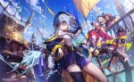 1boy 3girls aqua_neckerchief bandana barbaros_(shadowverse) bird black_gloves blonde_hair blue_eyes blue_hair blue_sky character_request copyright_notice deep-sea_scout_(shadowverse) earrings fang glasses gloves heart heart_earrings highres jewelry lee_hyeseung multiple_girls neckerchief official_art pirate_ship planted planted_sword pleated_skirt pointing red_eyes red_hair rope shadowverse ship&#039;s_wheel skirt skull_and_crossbones sky sword tidal_gunner_(shadowverse) toucan treasure_chest twintails weapon yellow_eyes 