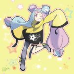  1girl ;d blue_hair bow-shaped_hair character_hair_ornament eyelashes full_body hair_ornament highres iono_(pokemon) jacket leg_up long_hair long_sleeves looking_at_viewer low-tied_long_hair marie_(marie_cookie222) multicolored_hair one_eye_closed oversized_clothes pink_hair pokemon pokemon_(game) pokemon_sv signature single_leg_pantyhose sleeves_past_fingers sleeves_past_wrists smile solo star_(symbol) teeth two-tone_hair yellow_background 